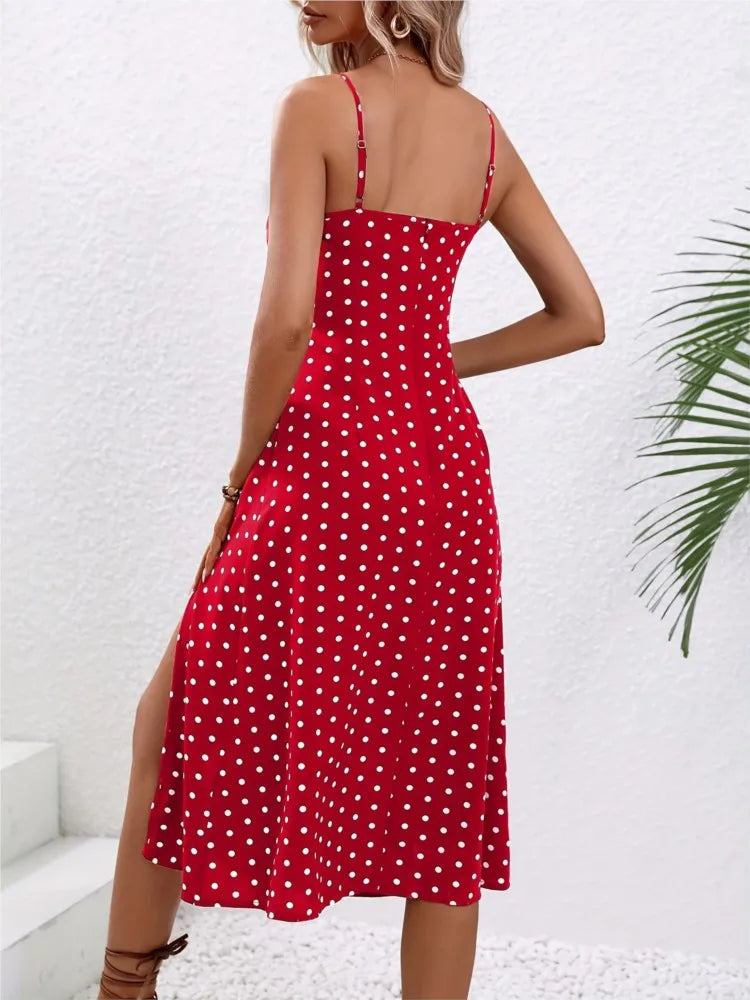 Women Polka Dot Slit Midi Dress – Spaghetti Straps