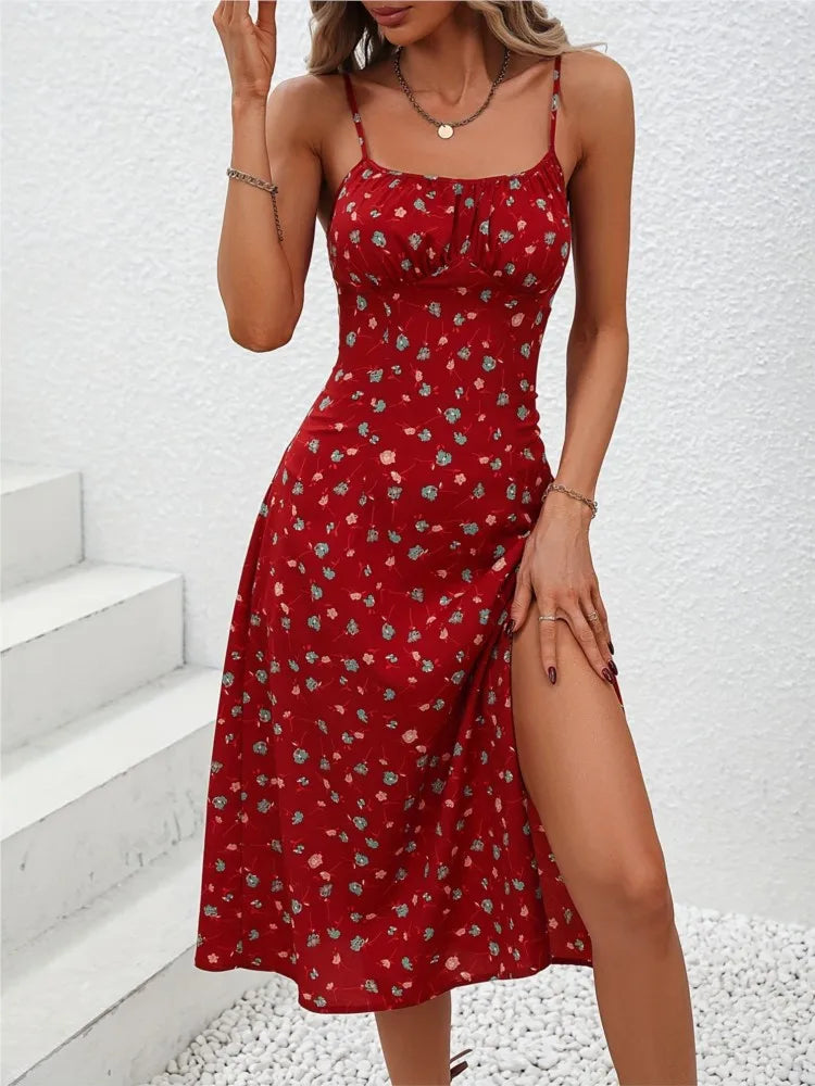Women Polka Dot Slit Midi Dress – Spaghetti Straps
