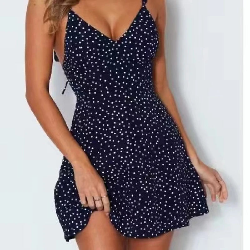 Women Polka Dot Mini Dress – V-Neck Lace-Up Backless