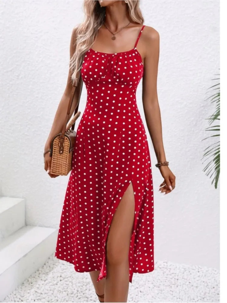 Women Polka Dot Slit Midi Dress – Spaghetti Straps