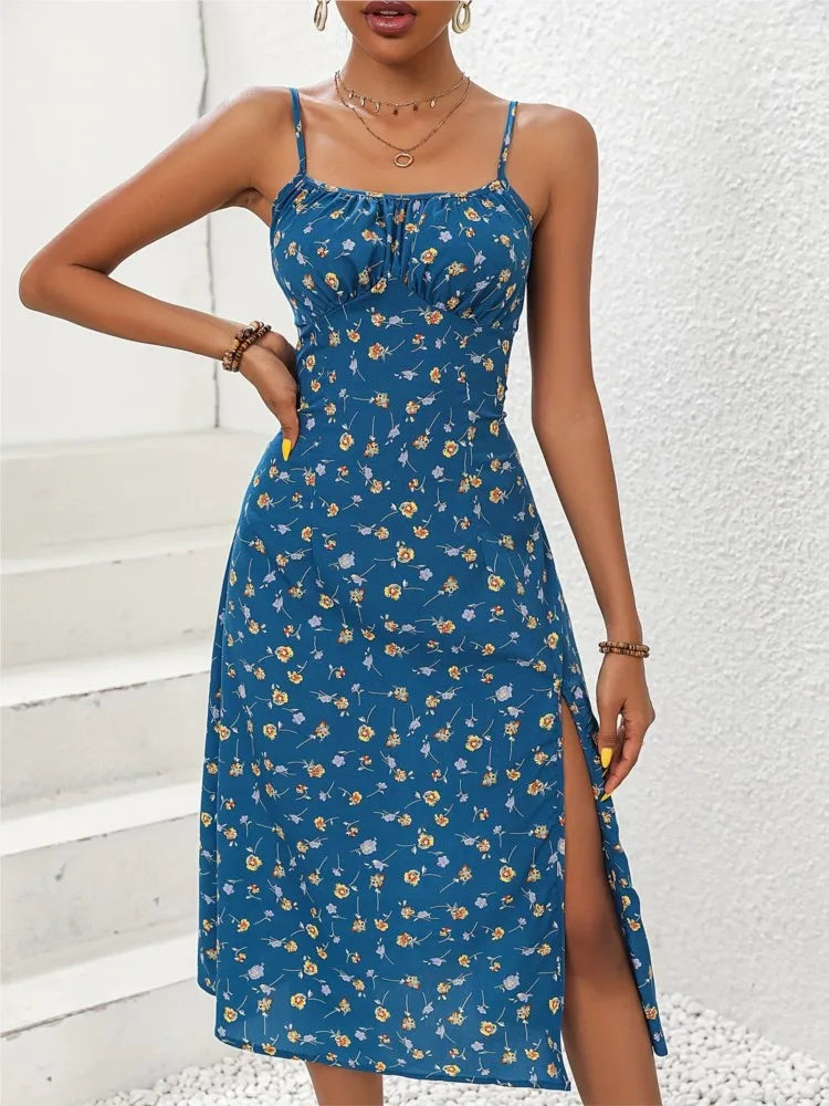 Women Polka Dot Slit Midi Dress – Spaghetti Straps