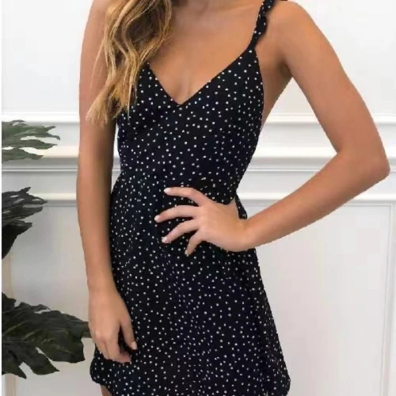 Women Polka Dot Mini Dress – V-Neck Lace-Up Backless