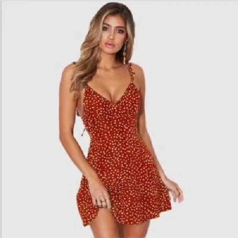 Women Polka Dot Mini Dress – V-Neck Lace-Up Backless